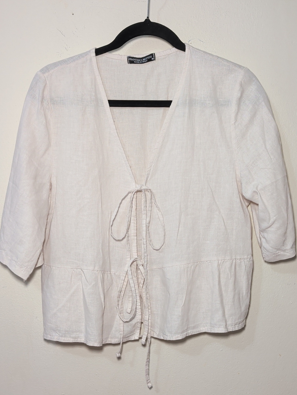 Francesca Bettini Tie-Front Peplum Top Cream Linen Cotton Cottage Women's Size M